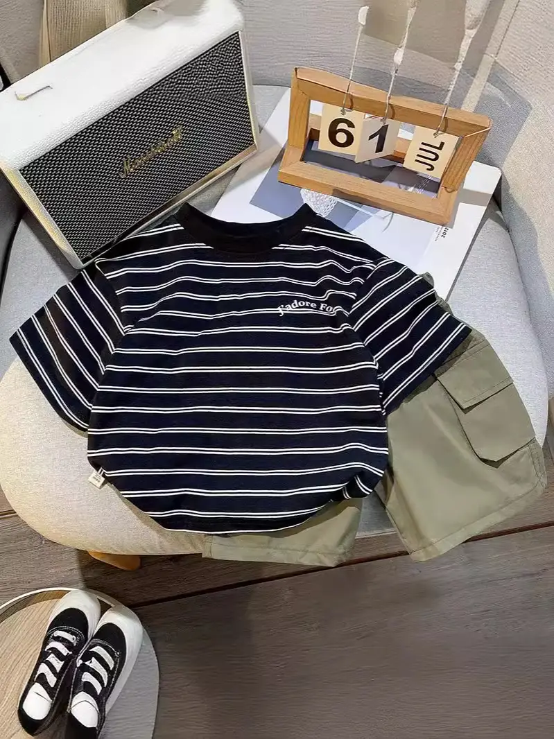 Children's Striped T-Shirt Crock Pants Set for Boys Summer - Image 3