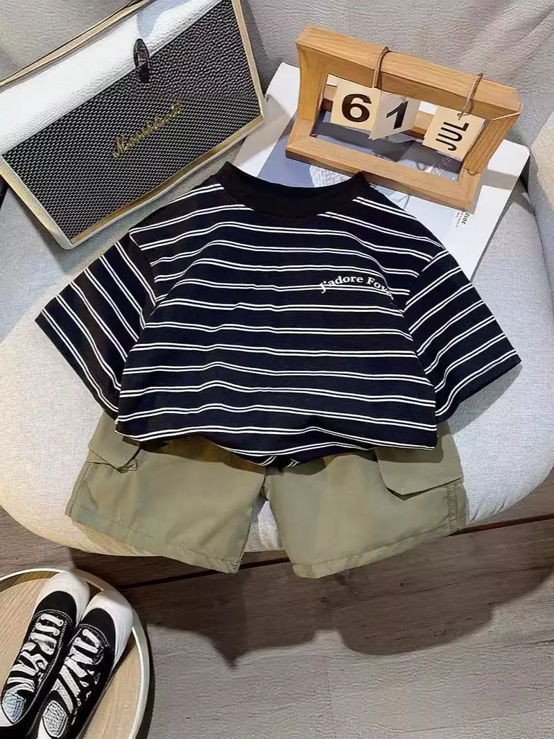 Children's Striped T-Shirt Crock Pants Set for Boys Summer - Image 4