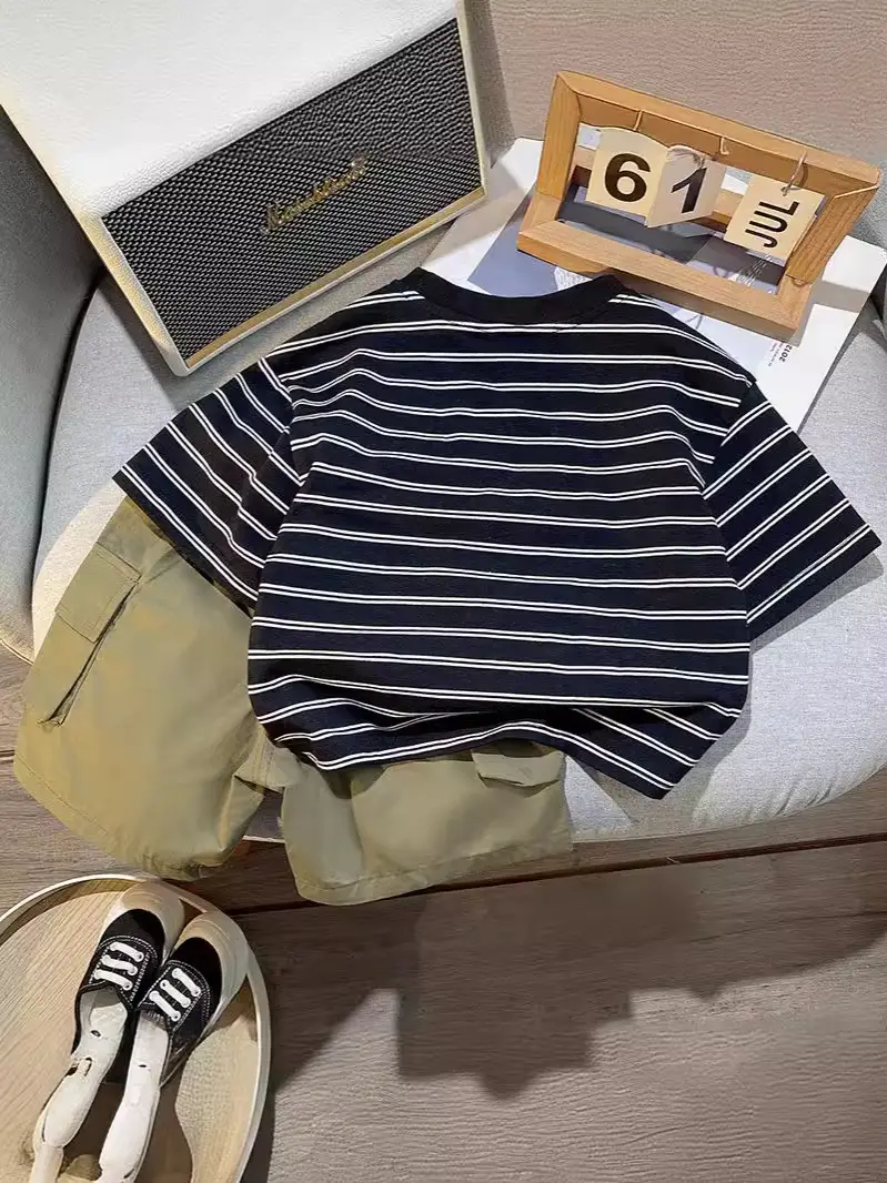 Children's Striped T-Shirt Crock Pants Set for Boys Summer - Image 6