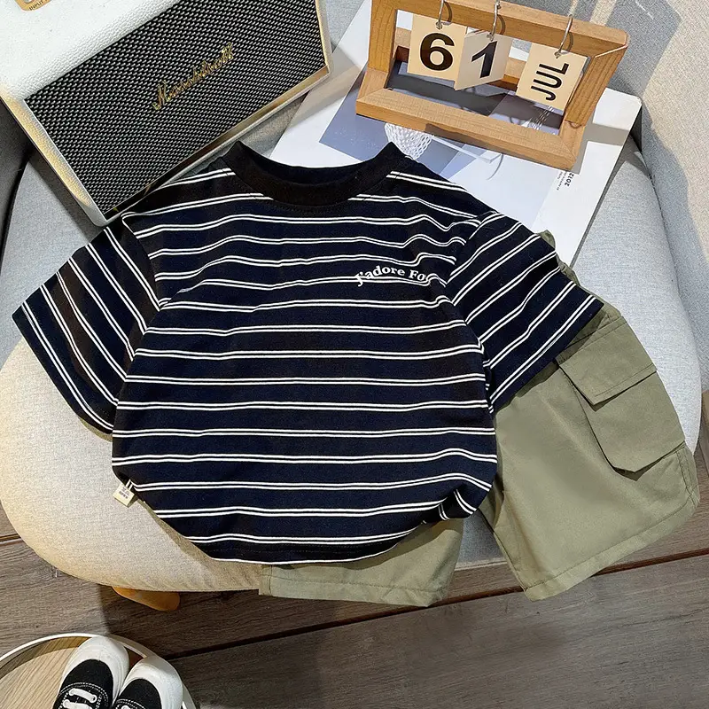 Children's Striped T-Shirt Crock Pants Set for Boys Summer — feature 3