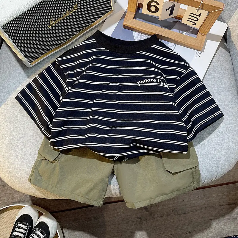 Children's Striped T-Shirt Crock Pants Set for Boys Summer — feature 4
