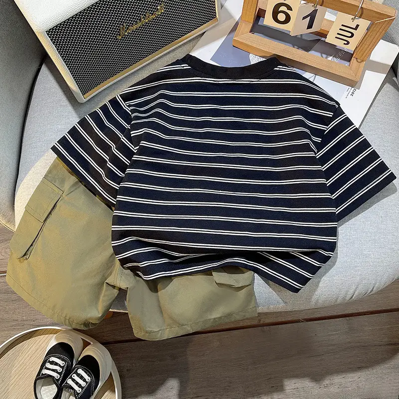 Children's Striped T-Shirt Crock Pants Set for Boys Summer — feature 5