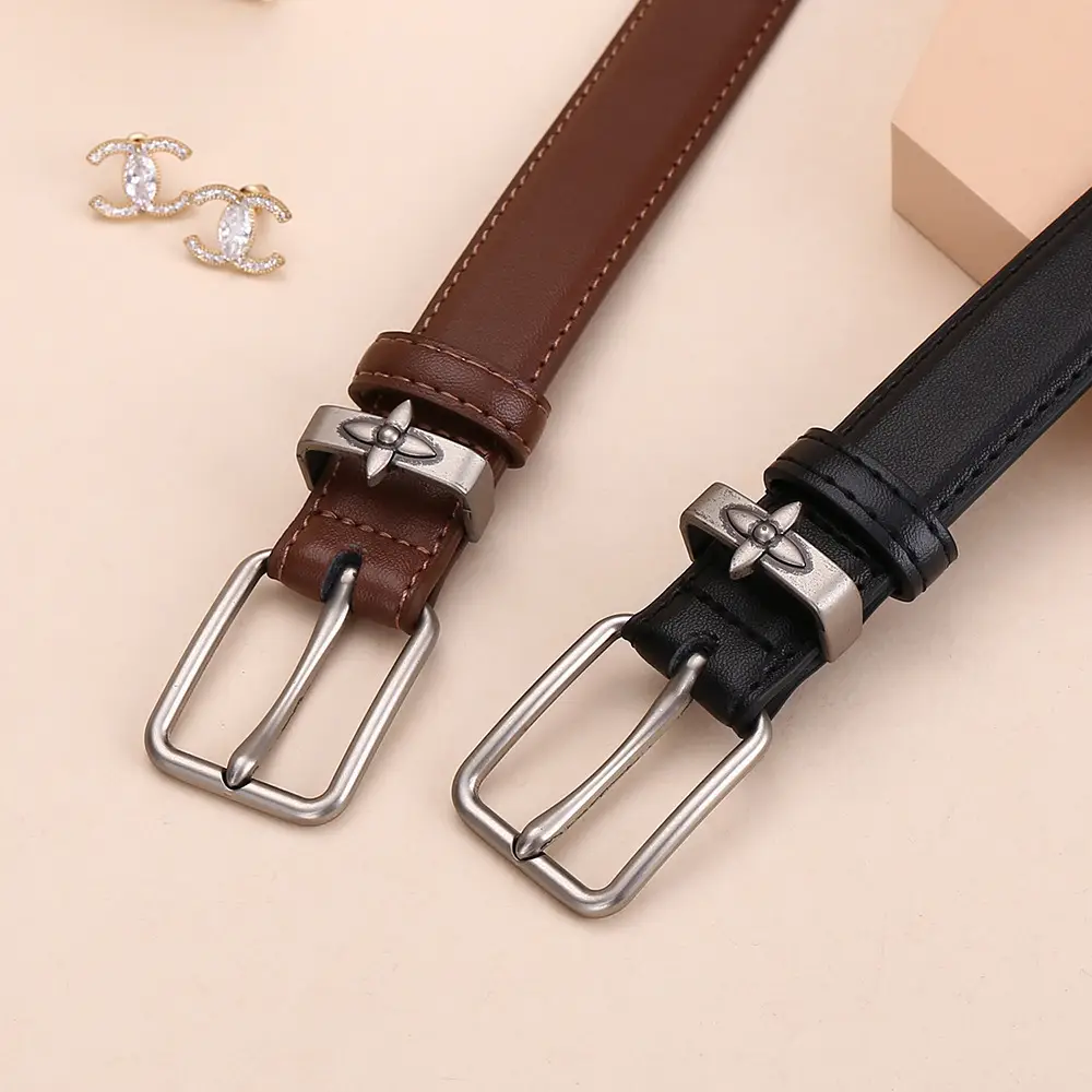 Women's Genuine Leather Belt with Pin Buckle Small Flower Alloy - Image 5