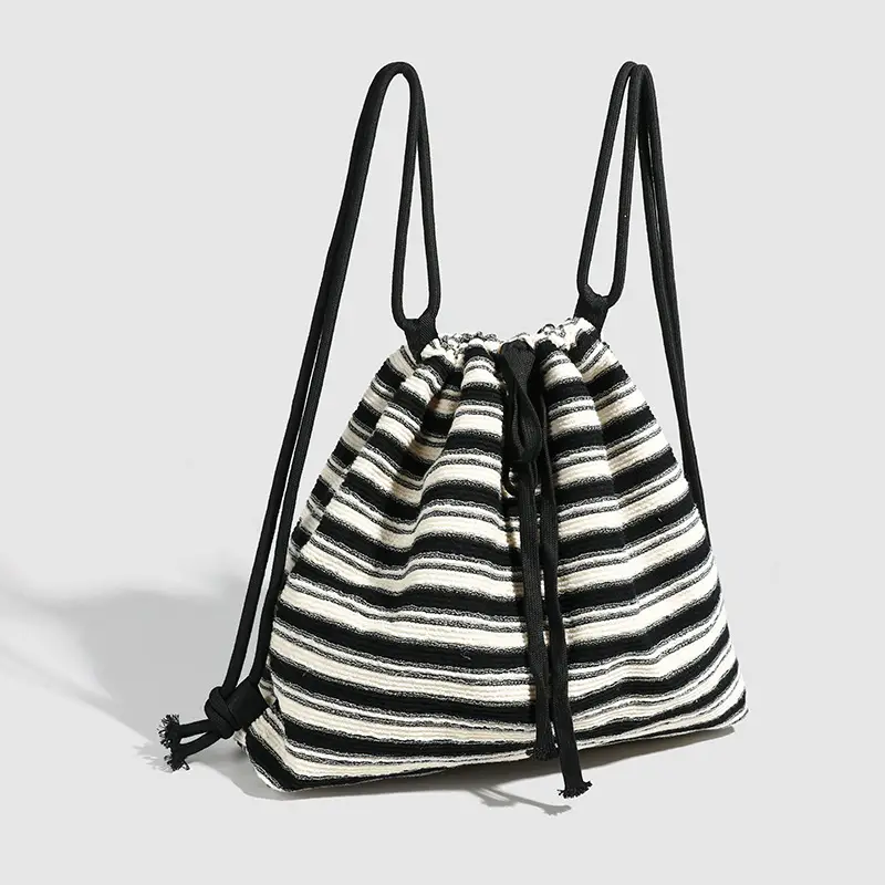 Striped Drawstring Backpack for Women Black White - Image 3