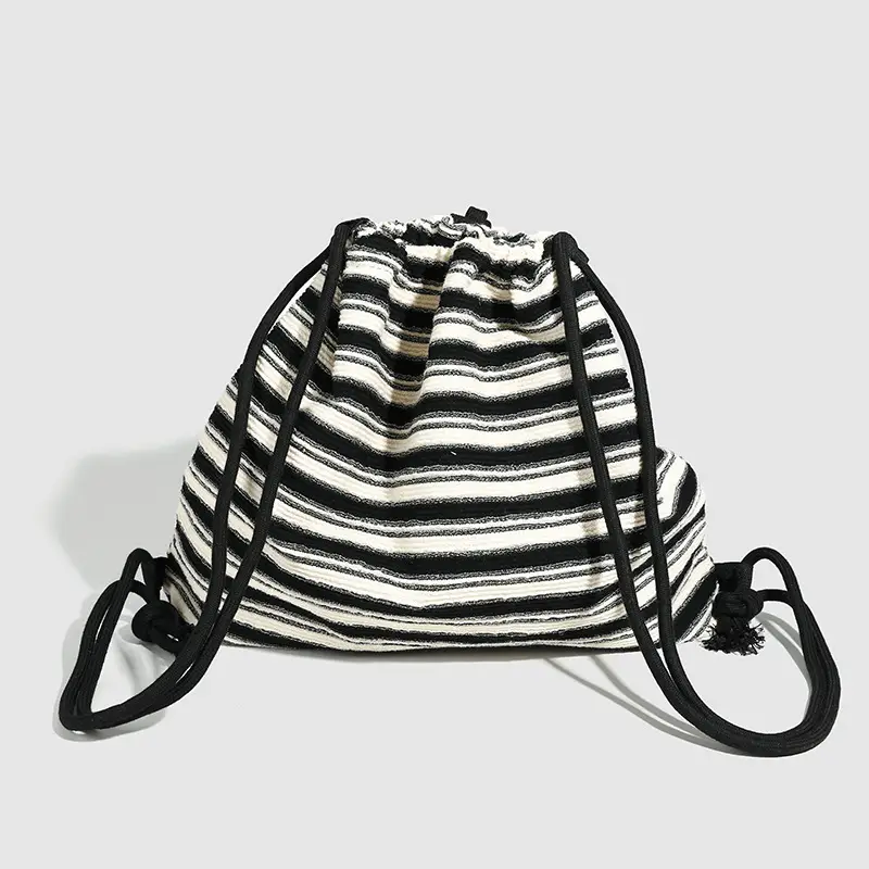 Striped Drawstring Backpack for Women Black White - Image 4