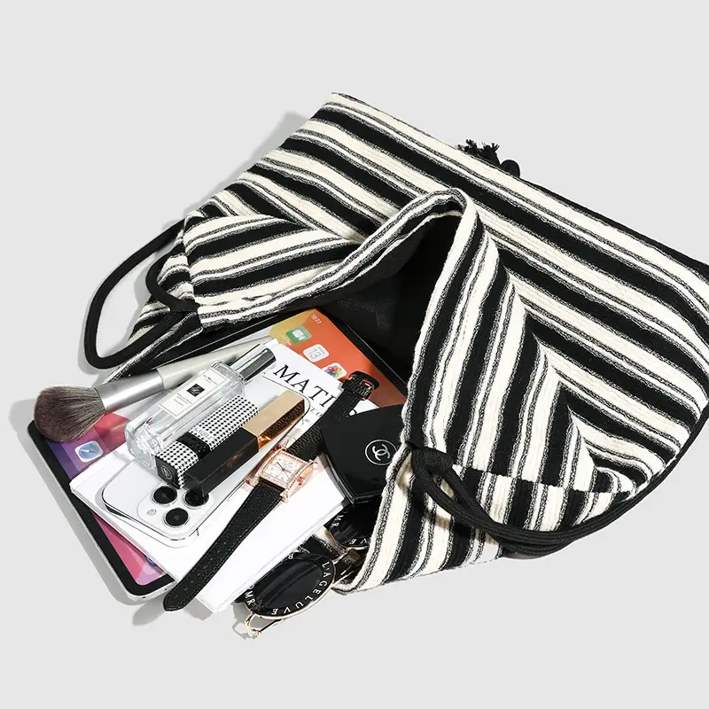 Striped Drawstring Backpack for Women Black White