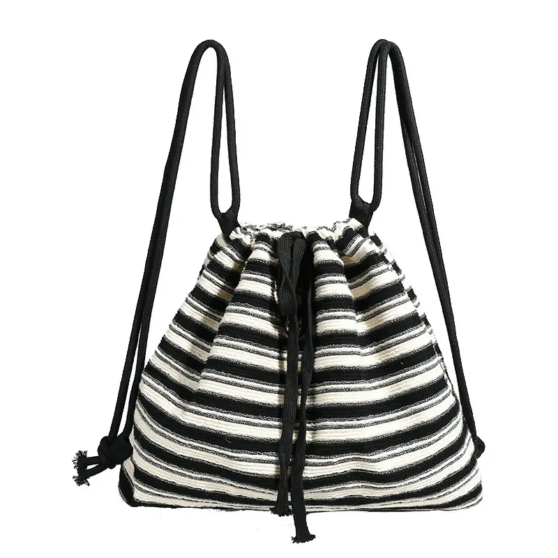 Striped Drawstring Backpack for Women Black White