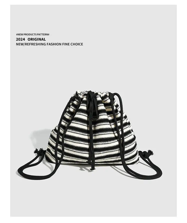 Striped Drawstring Backpack for Women Black White — feature 10