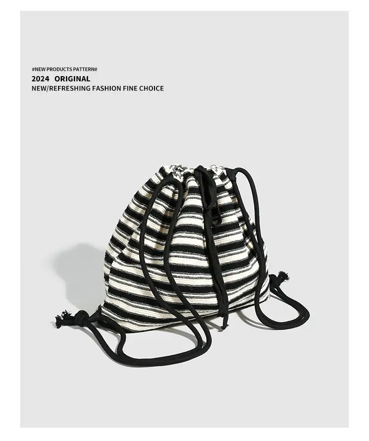Striped Drawstring Backpack for Women Black White — feature 11