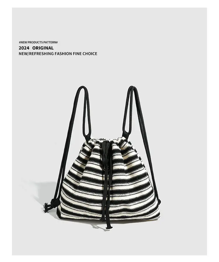 Striped Drawstring Backpack for Women Black White — feature 14