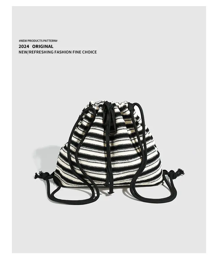 Striped Drawstring Backpack for Women Black White — feature 15