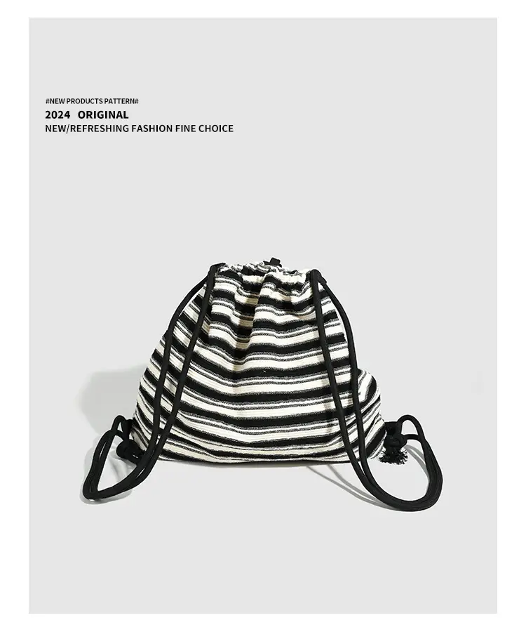 Striped Drawstring Backpack for Women Black White — feature 16
