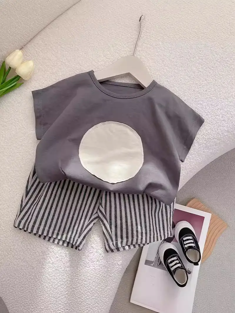 Boys Summer T-Shirt Pants Set Gray Striped Cropped Shorts