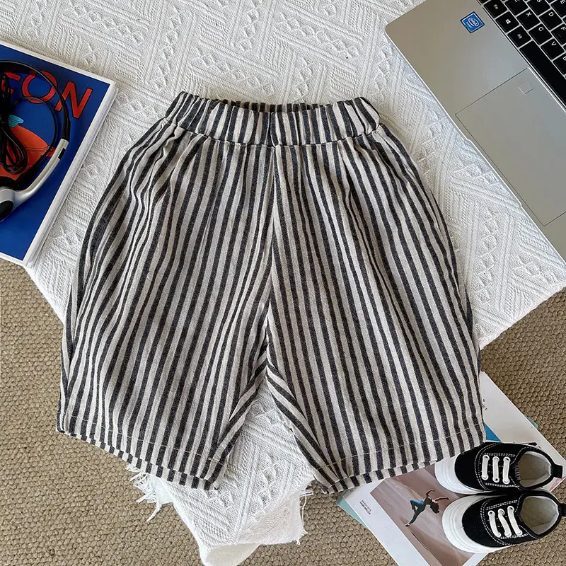 Boys Summer T-Shirt Pants Set Gray Striped Cropped Shorts — feature 13