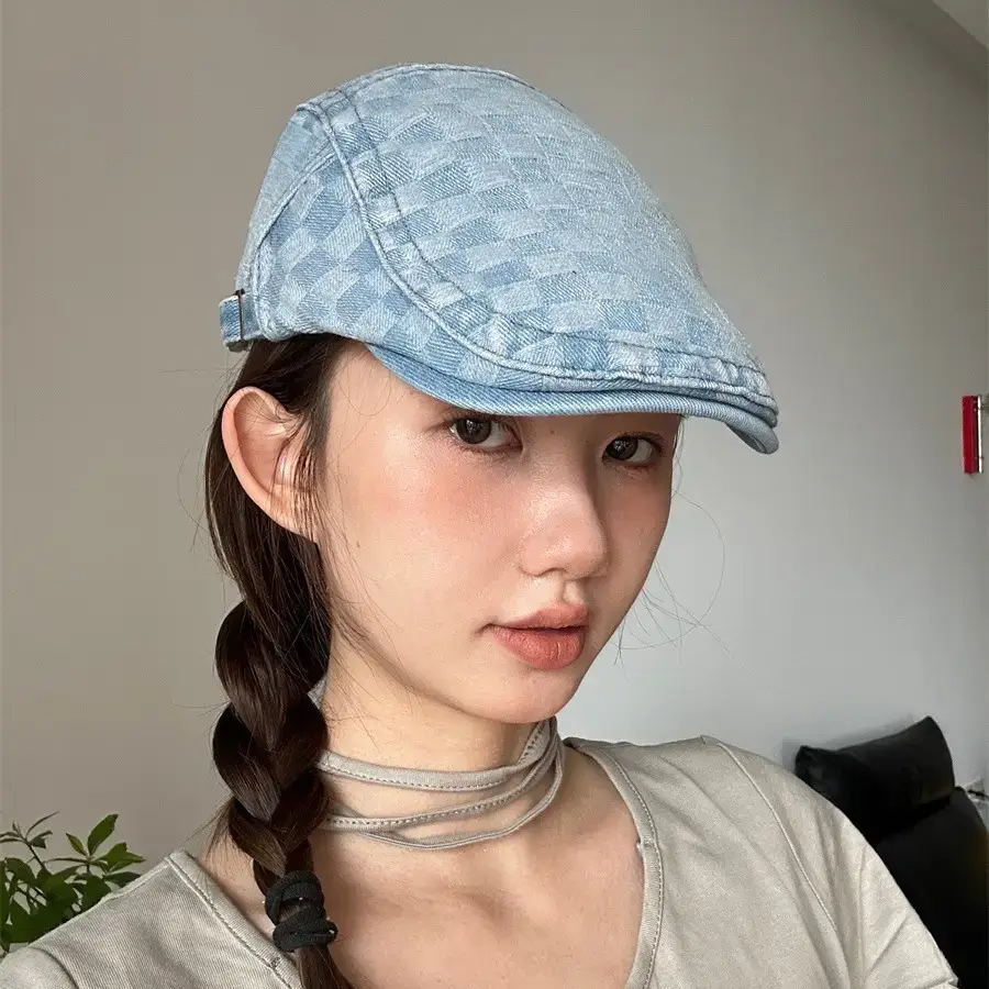 Women Checkered Wash Denim Cap Adjustable Big Head Circumference - Image 4