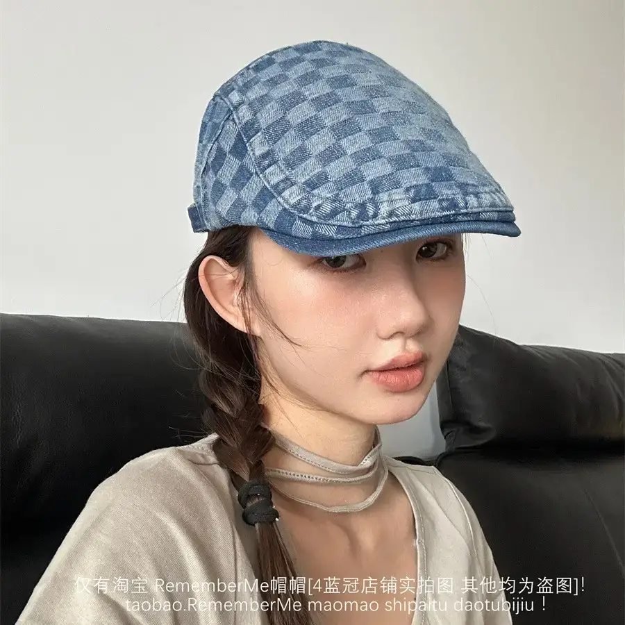 Women Checkered Wash Denim Cap Adjustable Big Head Circumference - Image 5