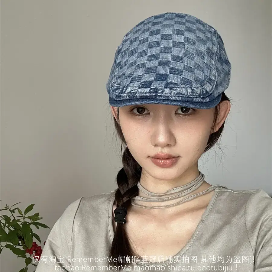 Women Checkered Wash Denim Cap Adjustable Big Head Circumference - Image 6
