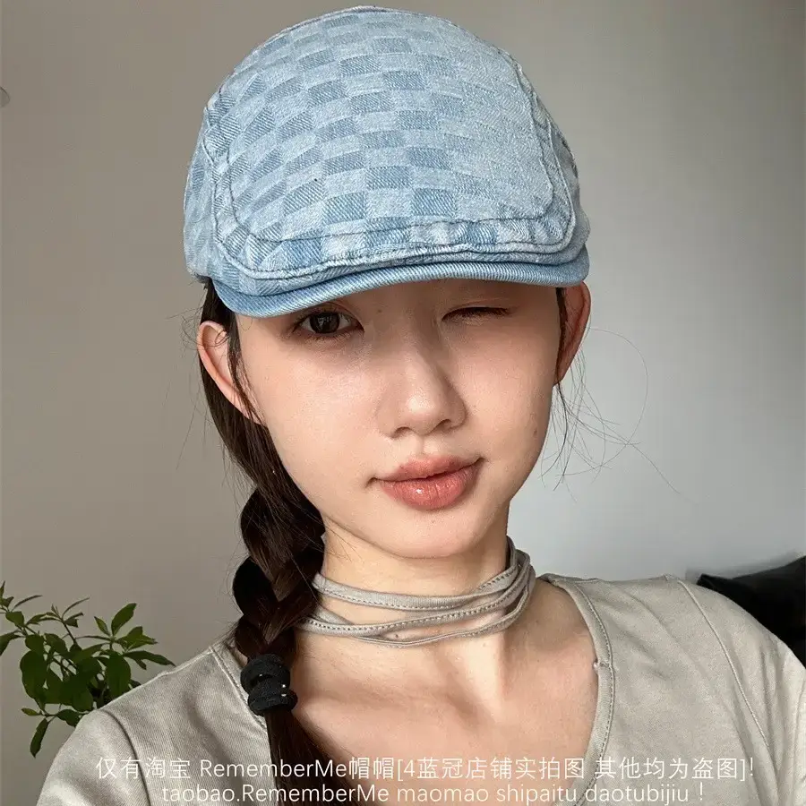 Women Checkered Wash Denim Cap Adjustable Big Head Circumference - Image 7