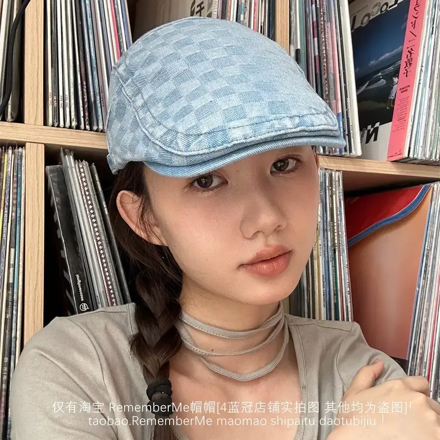 Women Checkered Wash Denim Cap Adjustable Big Head Circumference - Image 8