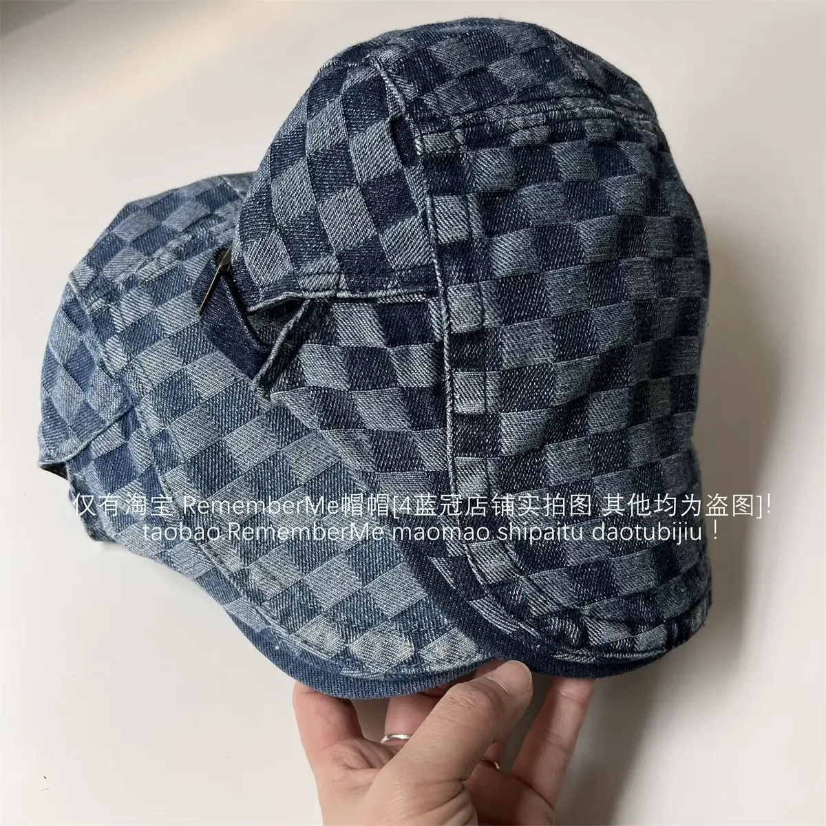 Women Checkered Wash Denim Cap Adjustable Big Head Circumference — feature 11
