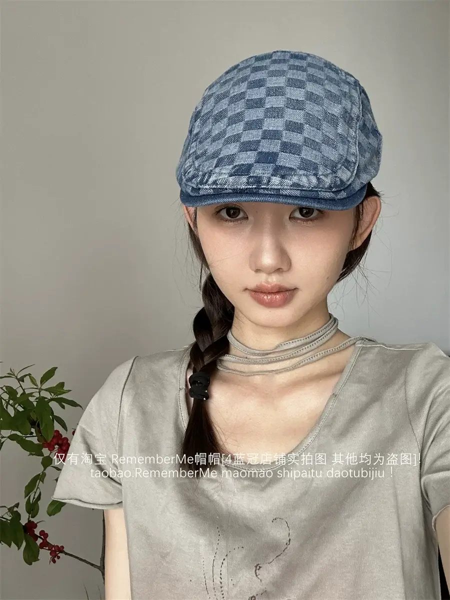 Women Checkered Wash Denim Cap Adjustable Big Head Circumference — feature 4