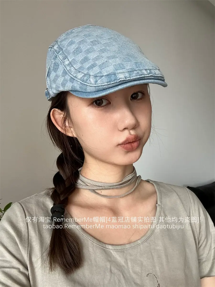 Women Checkered Wash Denim Cap Adjustable Big Head Circumference — feature 5