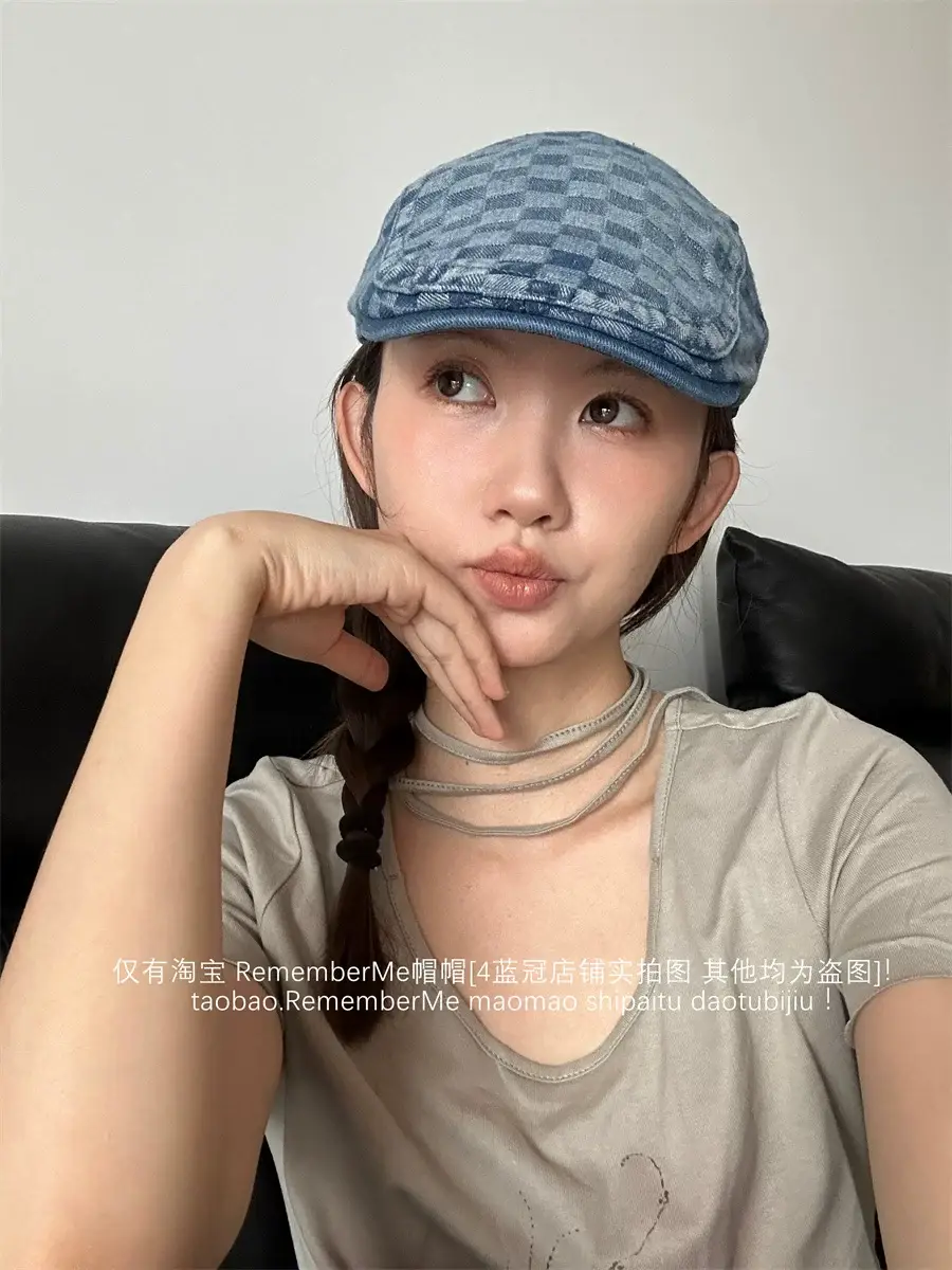 Women Checkered Wash Denim Cap Adjustable Big Head Circumference — feature 6