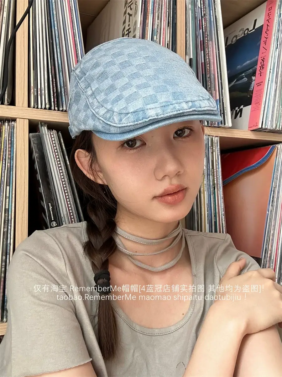 Women Checkered Wash Denim Cap Adjustable Big Head Circumference — feature 7