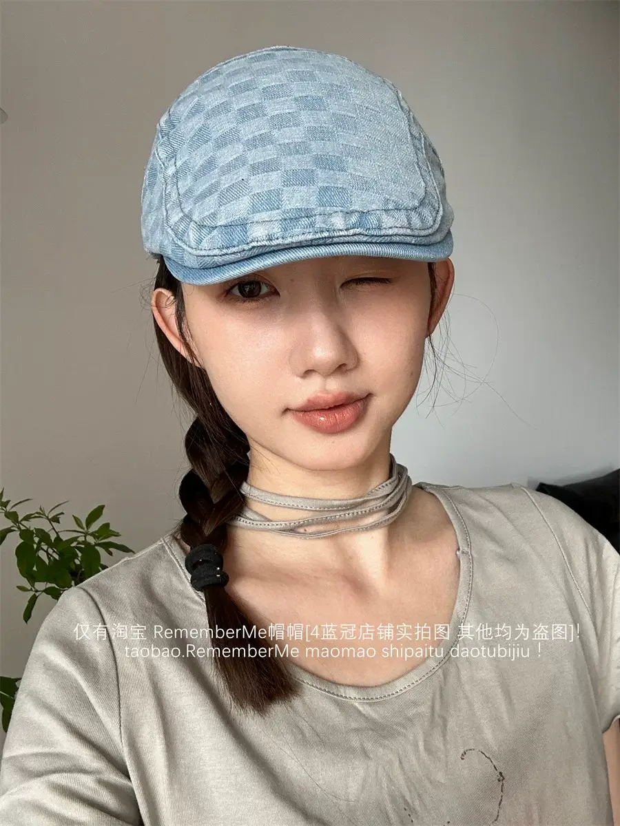 Women Checkered Wash Denim Cap Adjustable Big Head Circumference — feature 8