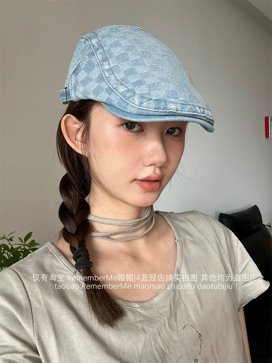 Women Checkered Wash Denim Cap Adjustable Big Head Circumference — feature 9