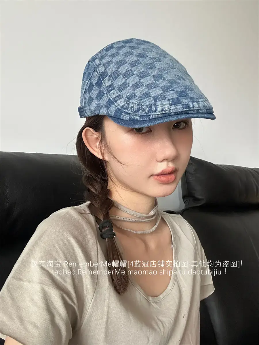 Women Checkered Wash Denim Cap Adjustable Big Head Circumference - Image 2