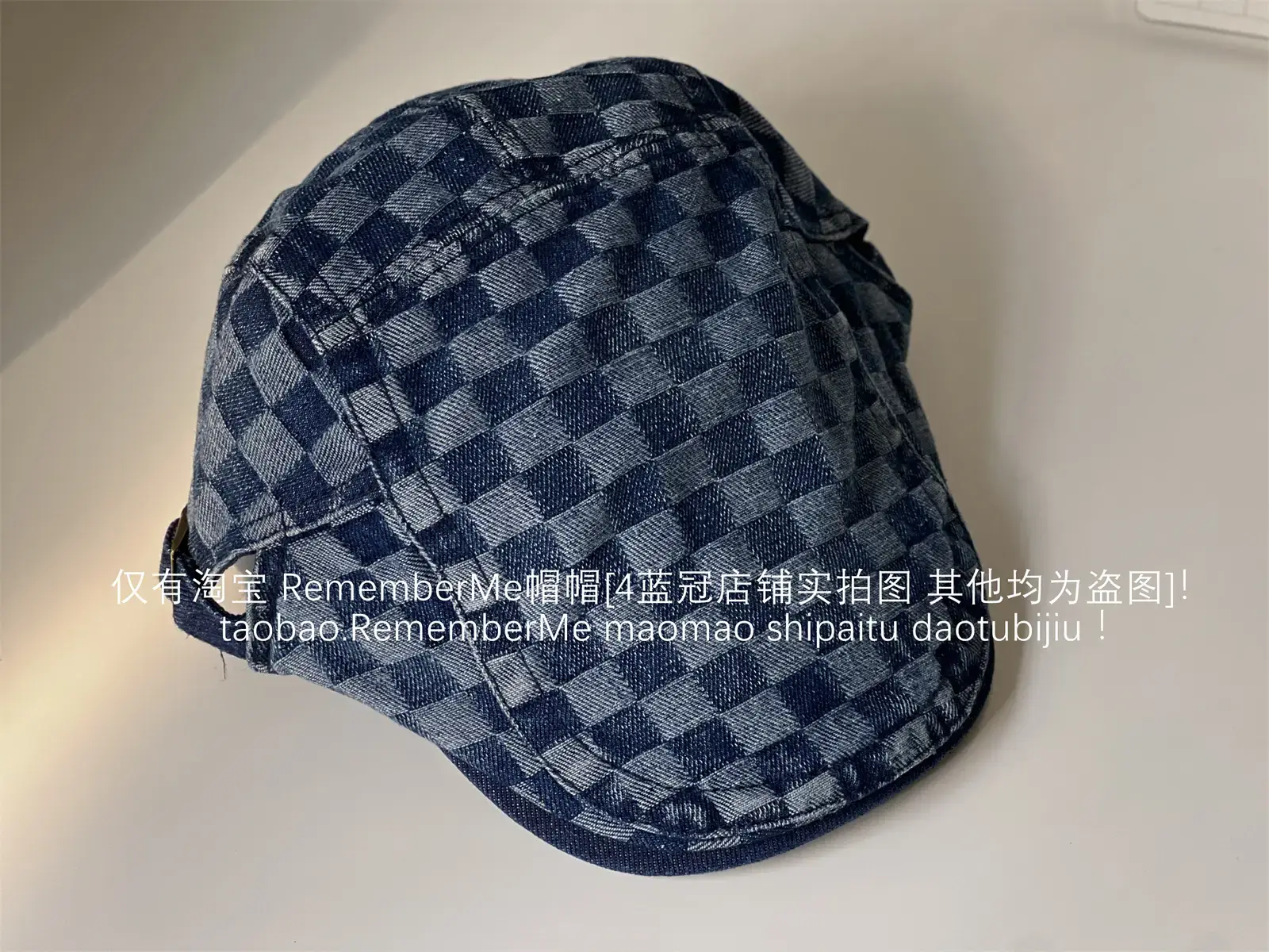 Women Checkered Wash Denim Cap Adjustable Big Head Circumference - Image 3