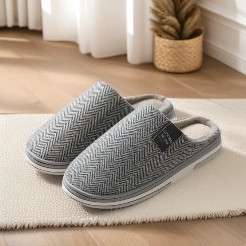 Men's Cotton Herringbone Slippers Winter Warm Non-Slip - Image 6