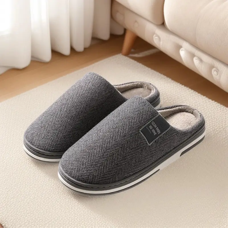 Men's Cotton Herringbone Slippers Winter Warm Non-Slip - Image 7