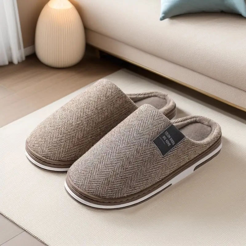Men's Cotton Herringbone Slippers Winter Warm Non-Slip - Image 8