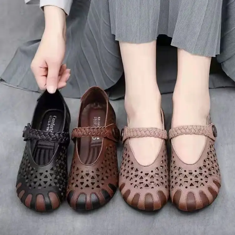 Women's Hollow Leather Flat Sandals Summer 2022 Brown — feature 1