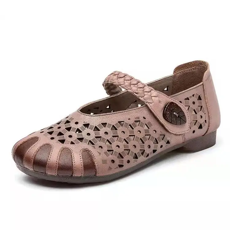 Women's Hollow Leather Flat Sandals Summer 2022 Brown — feature 9