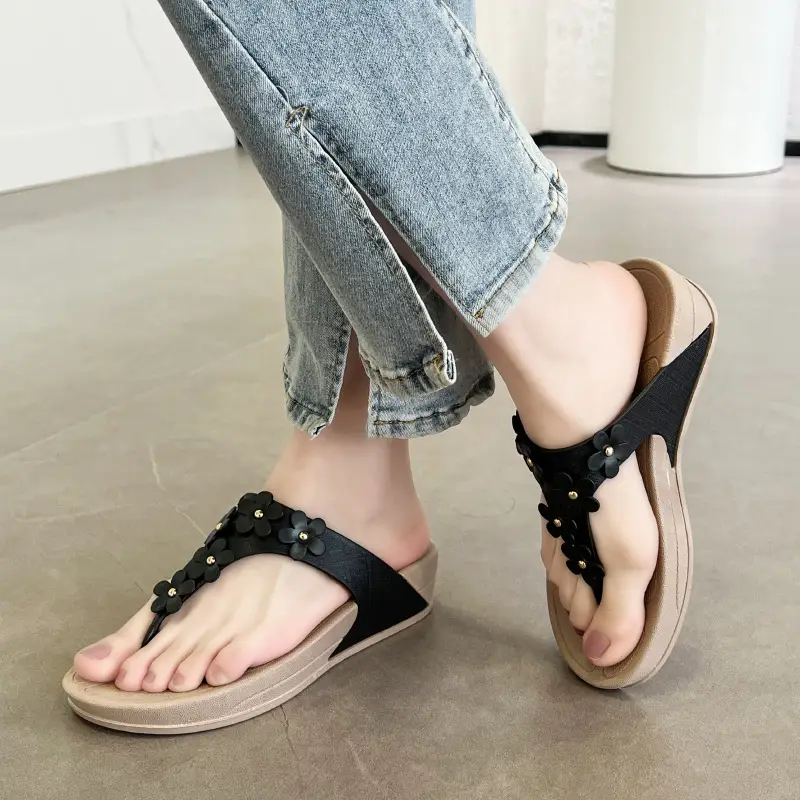 Letter Chile Thick Bottom Flip Flops Women's Summer Outer Wear Fashionable All-match Flower Flip Flops Wedge Non-slip Beach Cool - Image 6