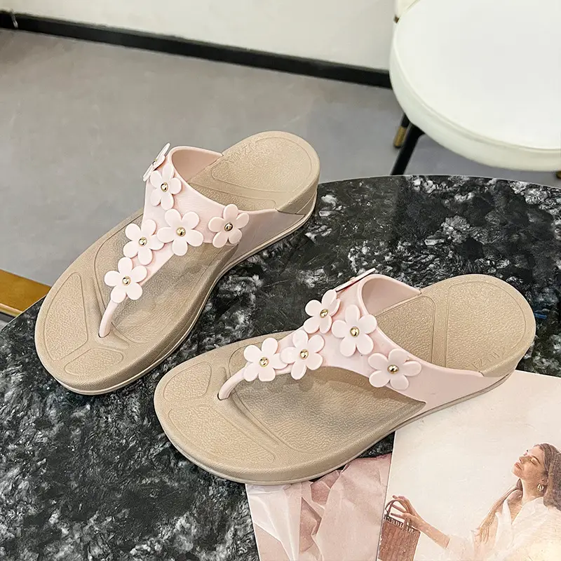 Letter Chile Thick Bottom Flip Flops Women's Summer Outer Wear Fashionable All-match Flower Flip Flops Wedge Non-slip Beach Cool - Image 3