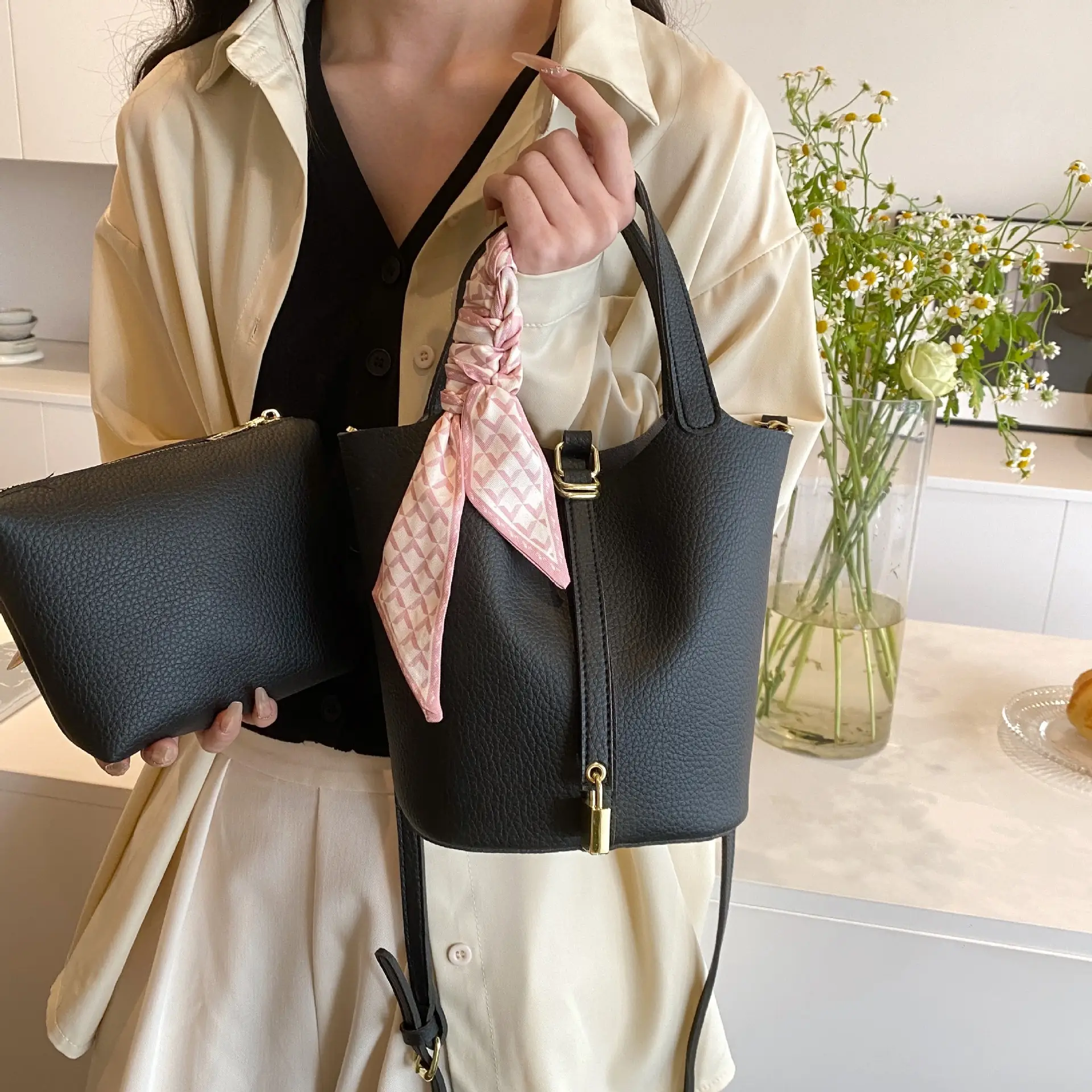 2024 Summer Bucket Bag with Silk Scarf & Matching Pouch - Image 2