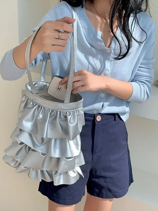 Silver Ruffled Shoulder Bag for Women 2023 - Image 4