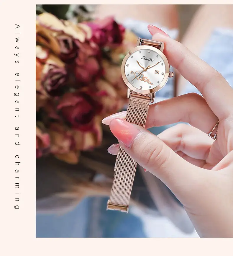 Women's Rose Gold Luminous Watch with Mesh Band — feature 6