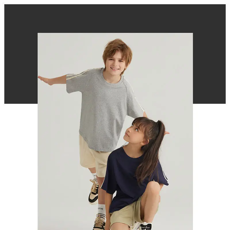 Blue 2-Stripe Cotton Kids T-Shirt 240g