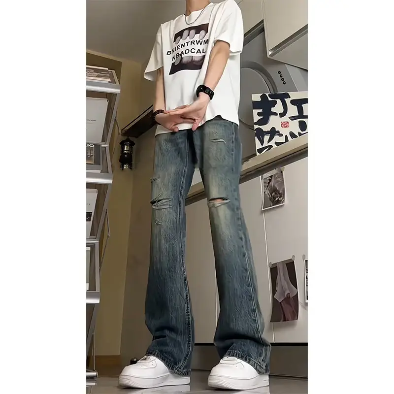 Men Dark Blue Ripped High Waist Wash Jeans — feature 2