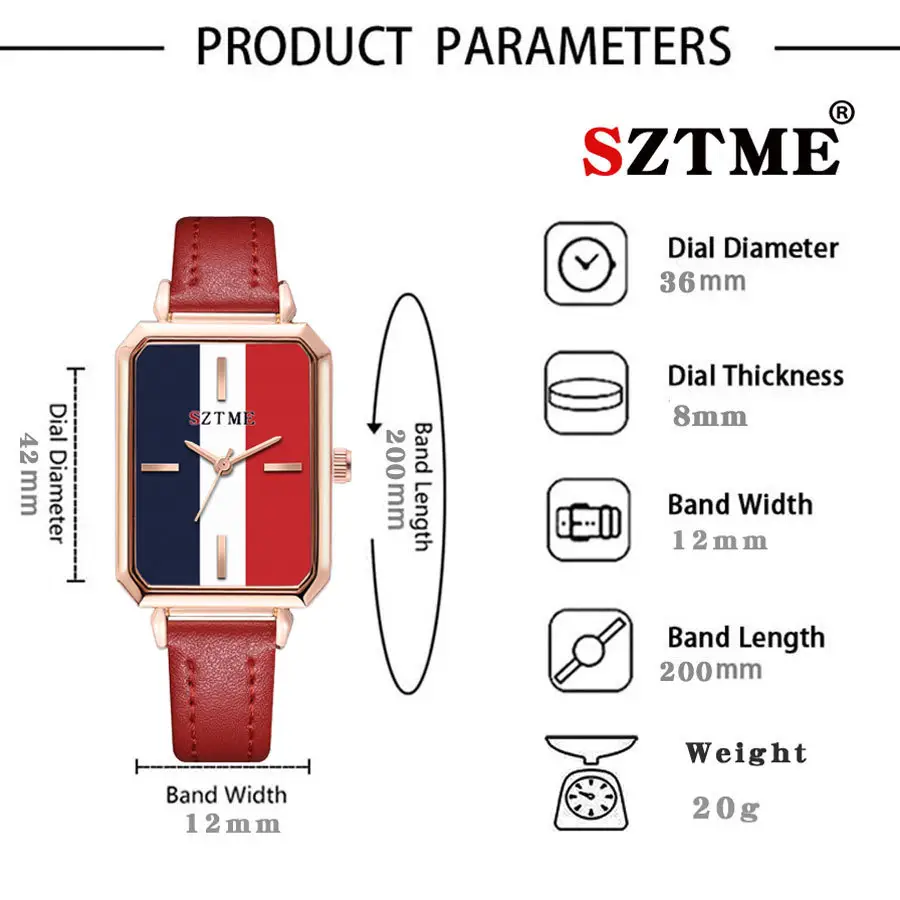 Women's Red Strap Rectangular Watch with Blue White Dial