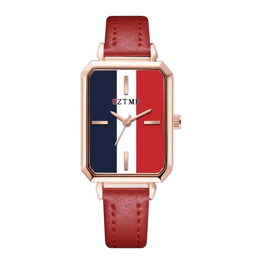Women's Red Strap Rectangular Watch with Blue White Dial