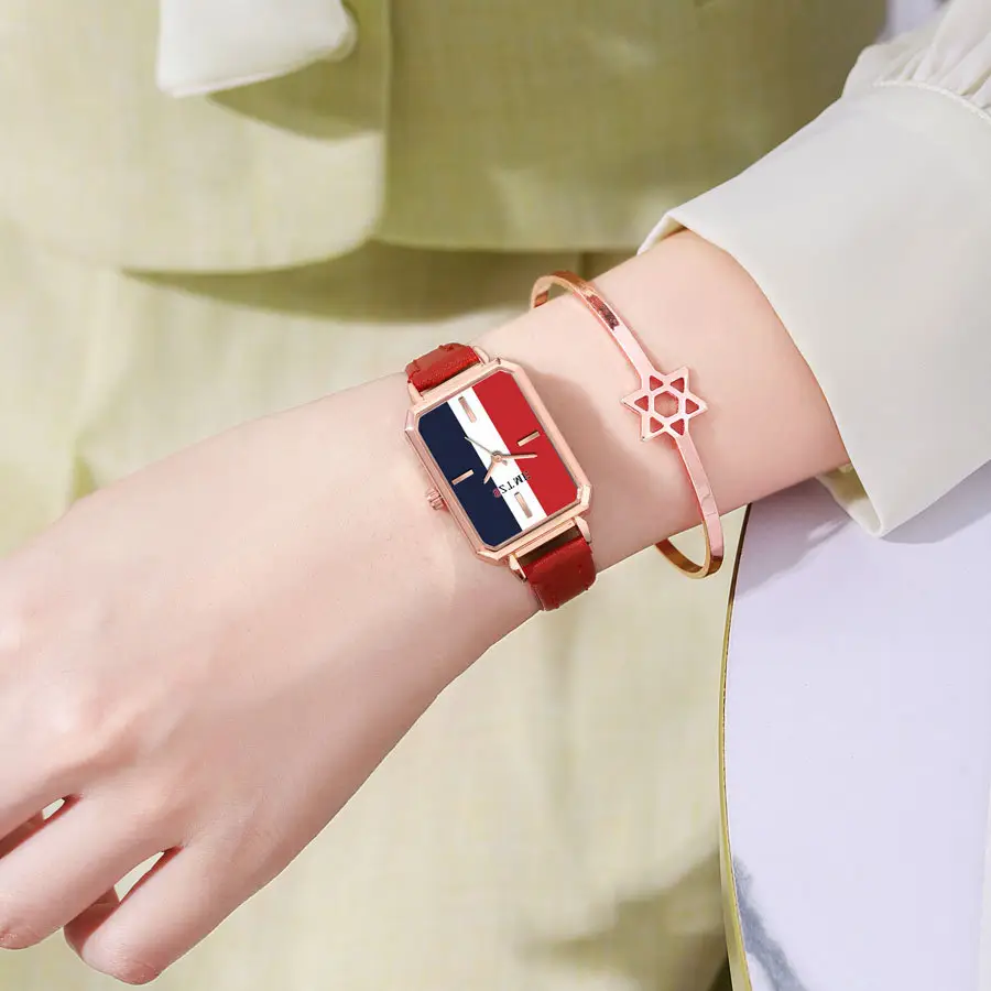 Women's Red Strap Rectangular Watch with Blue White Dial — feature 2