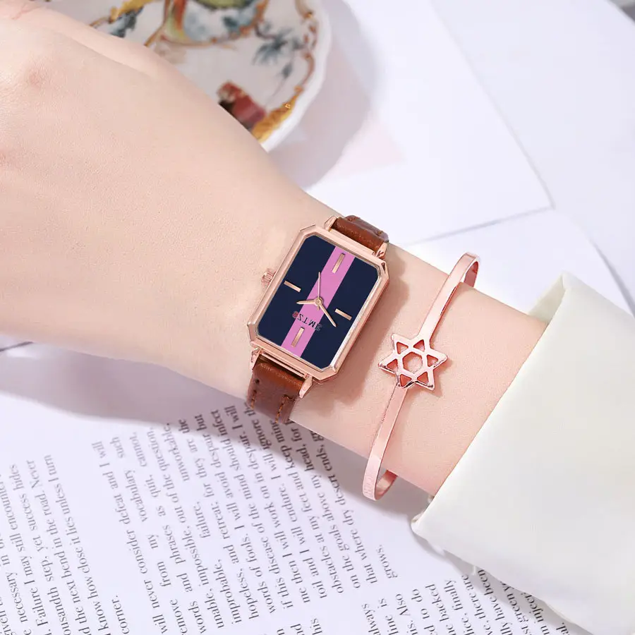 Women's Red Strap Rectangular Watch with Blue White Dial — feature 3