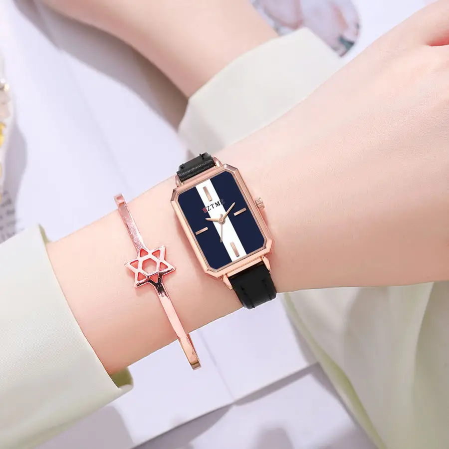 Women's Red Strap Rectangular Watch with Blue White Dial — feature 4