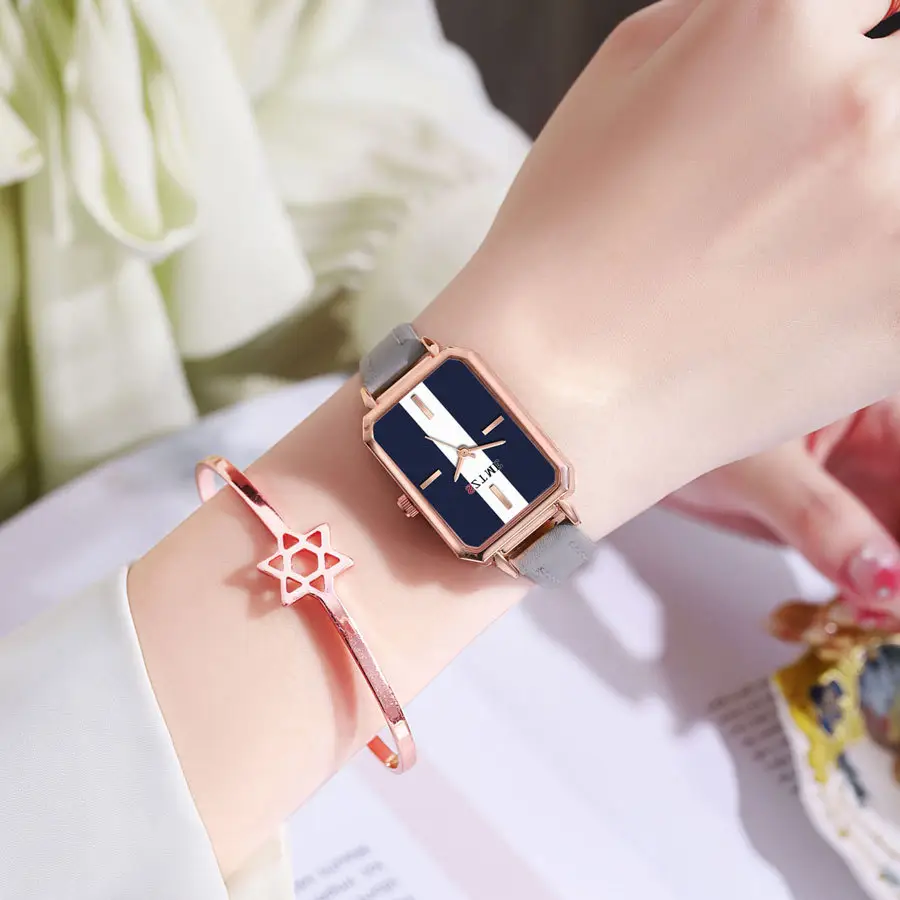Women's Red Strap Rectangular Watch with Blue White Dial — feature 5